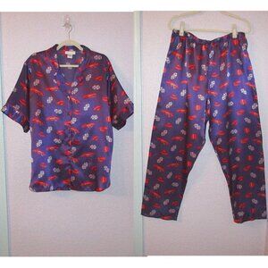 Shadowline Satin Pajamas Size L Top & Pants Purple 2 Piece Red Hat Loungewear